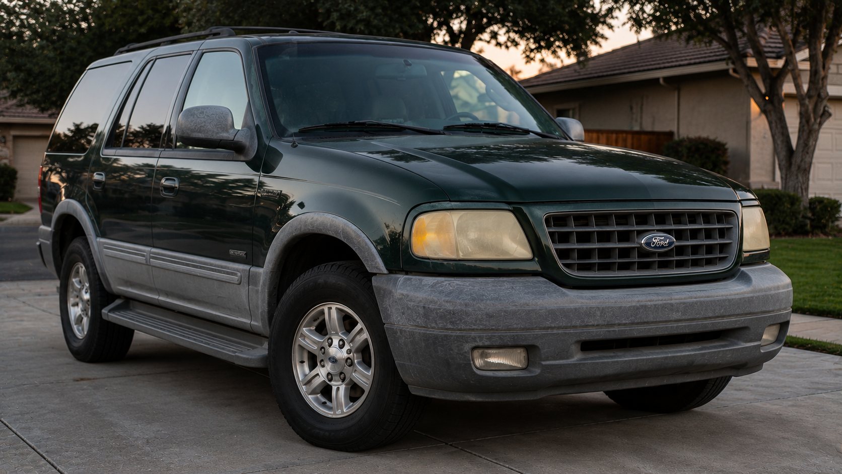 SUV with yellowed headlights and faded trim