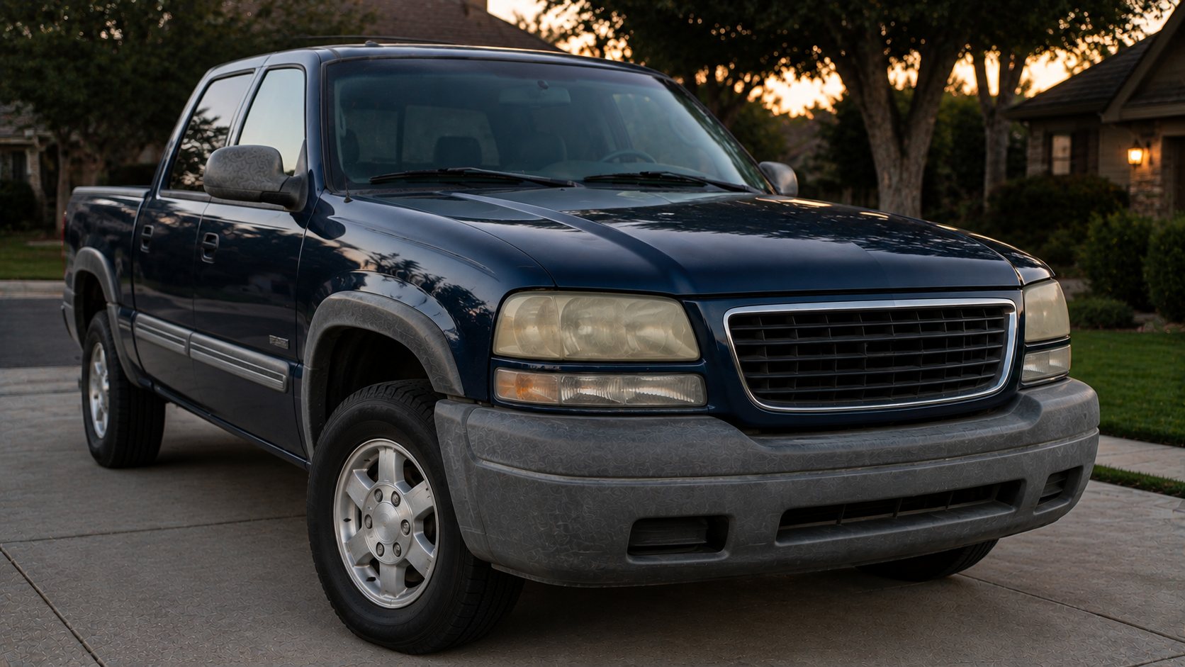 Pickup with yellowed headlights and faded gray bumper