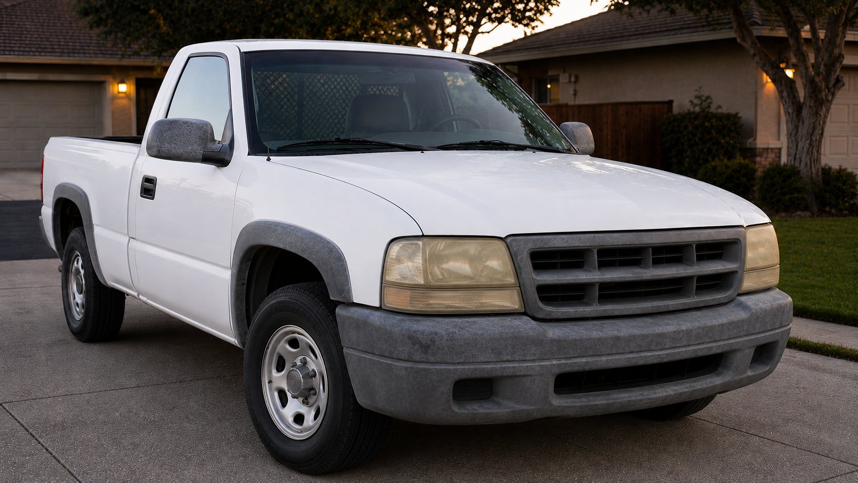 White work truck with yellowed headlights and gray plastic