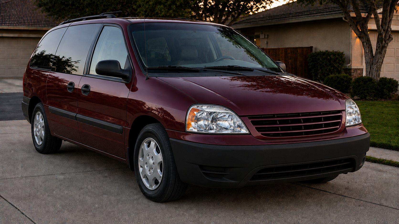 Same minivan with clear headlights and black trim