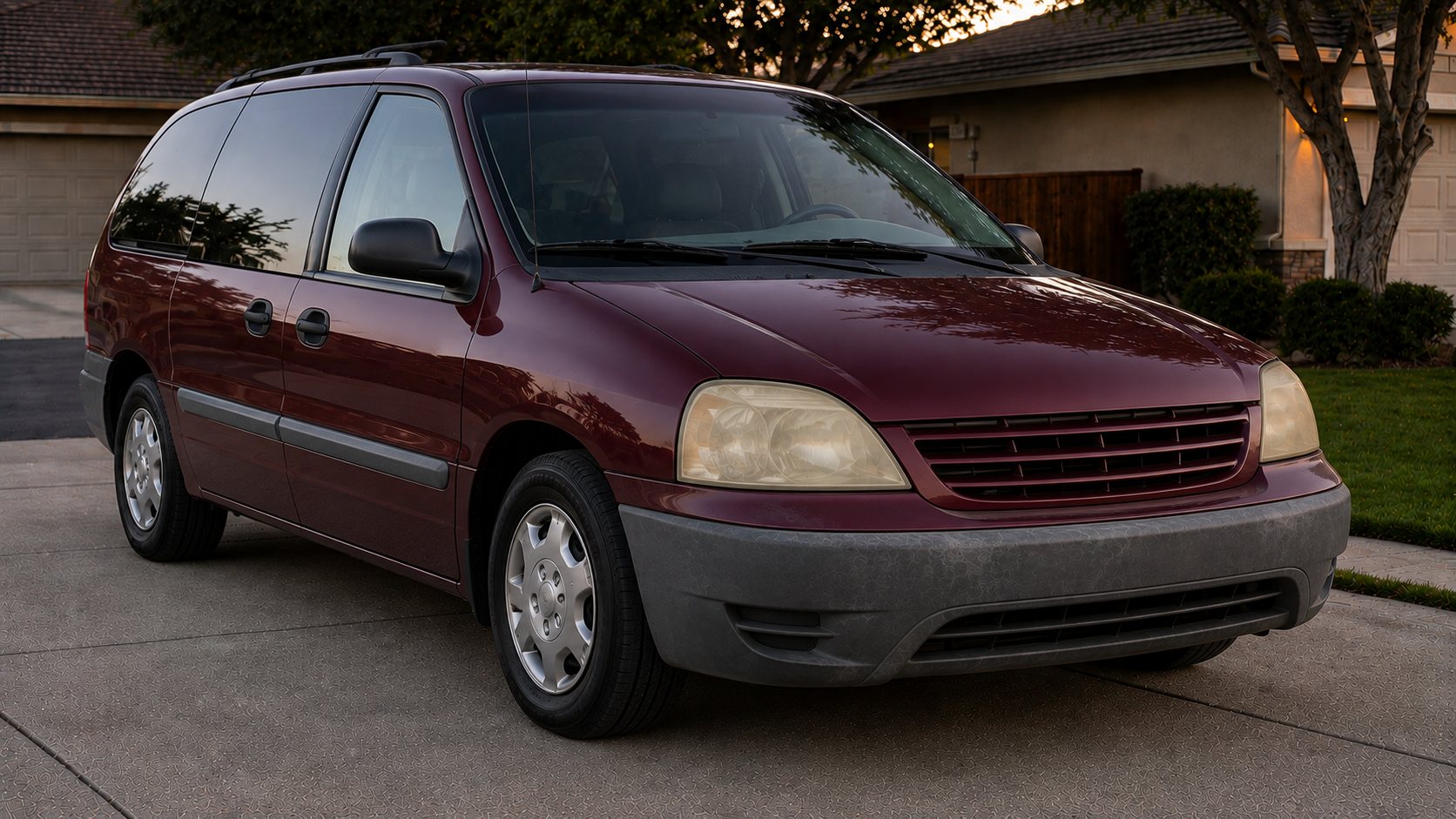 Burgundy minivan with yellowed headlights and gray cladding