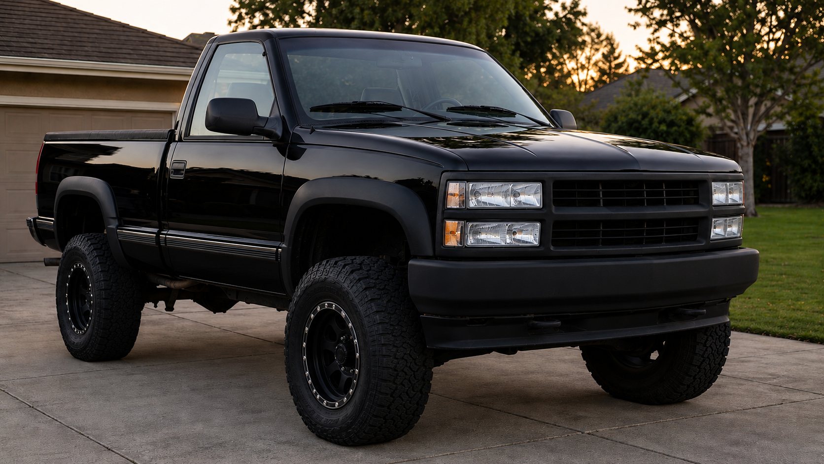 Same lifted truck with clear headlights and black trim