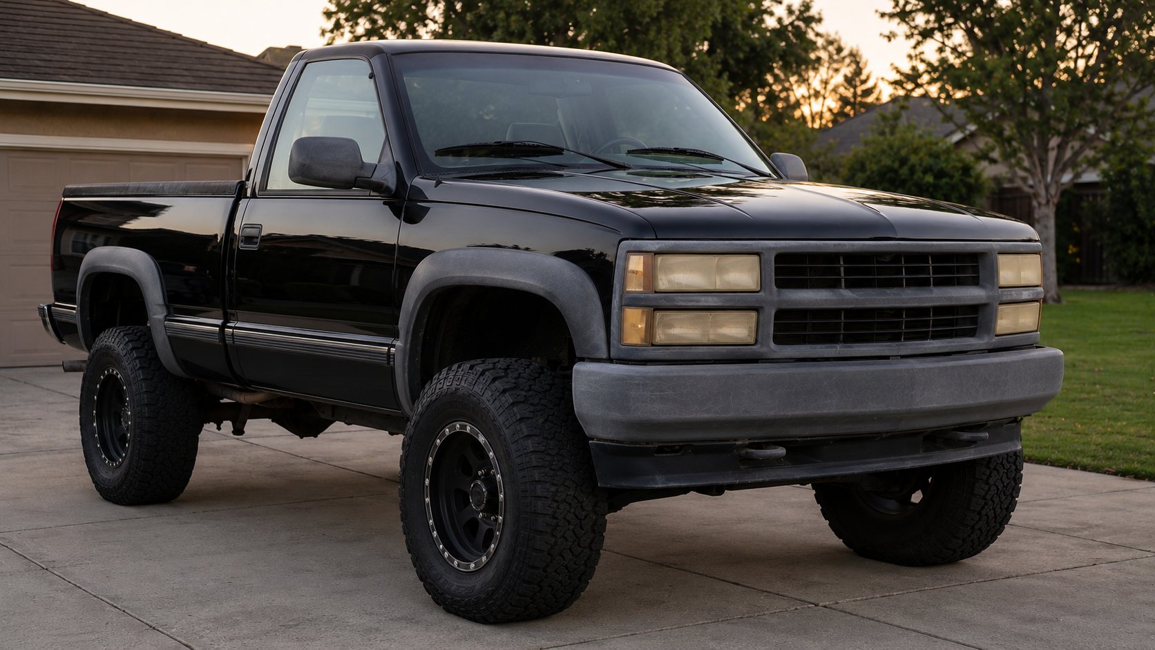 Lifted 90s truck with yellowed headlights and faded flares