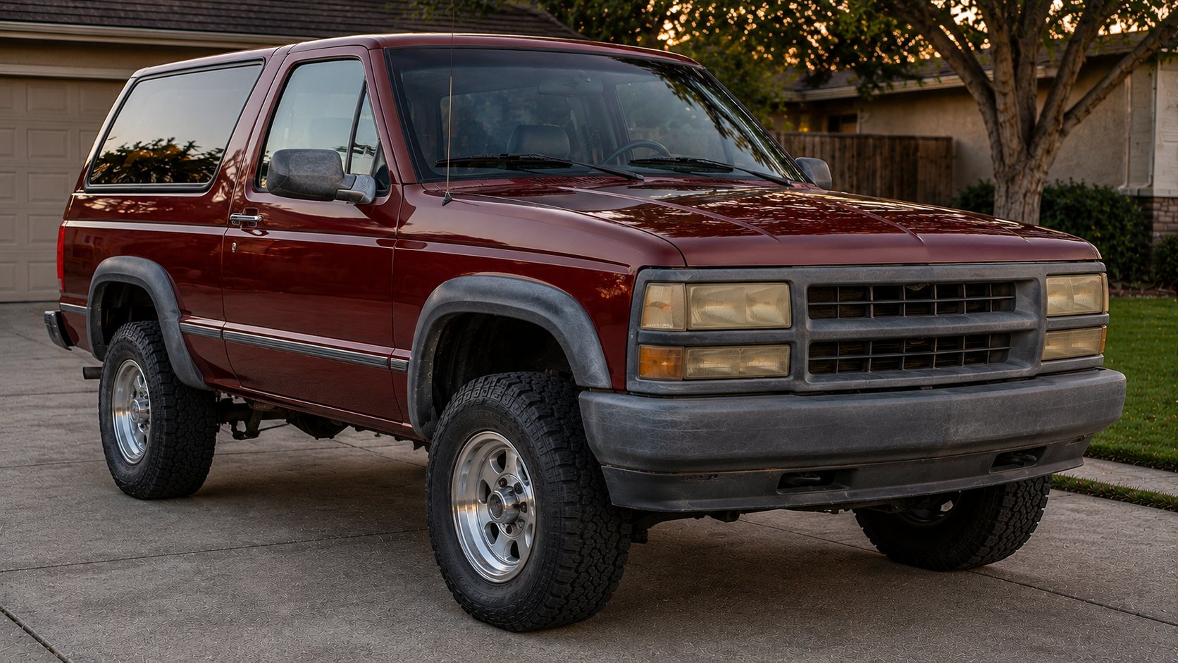 90s two-door SUV with yellowed headlights and gray trim