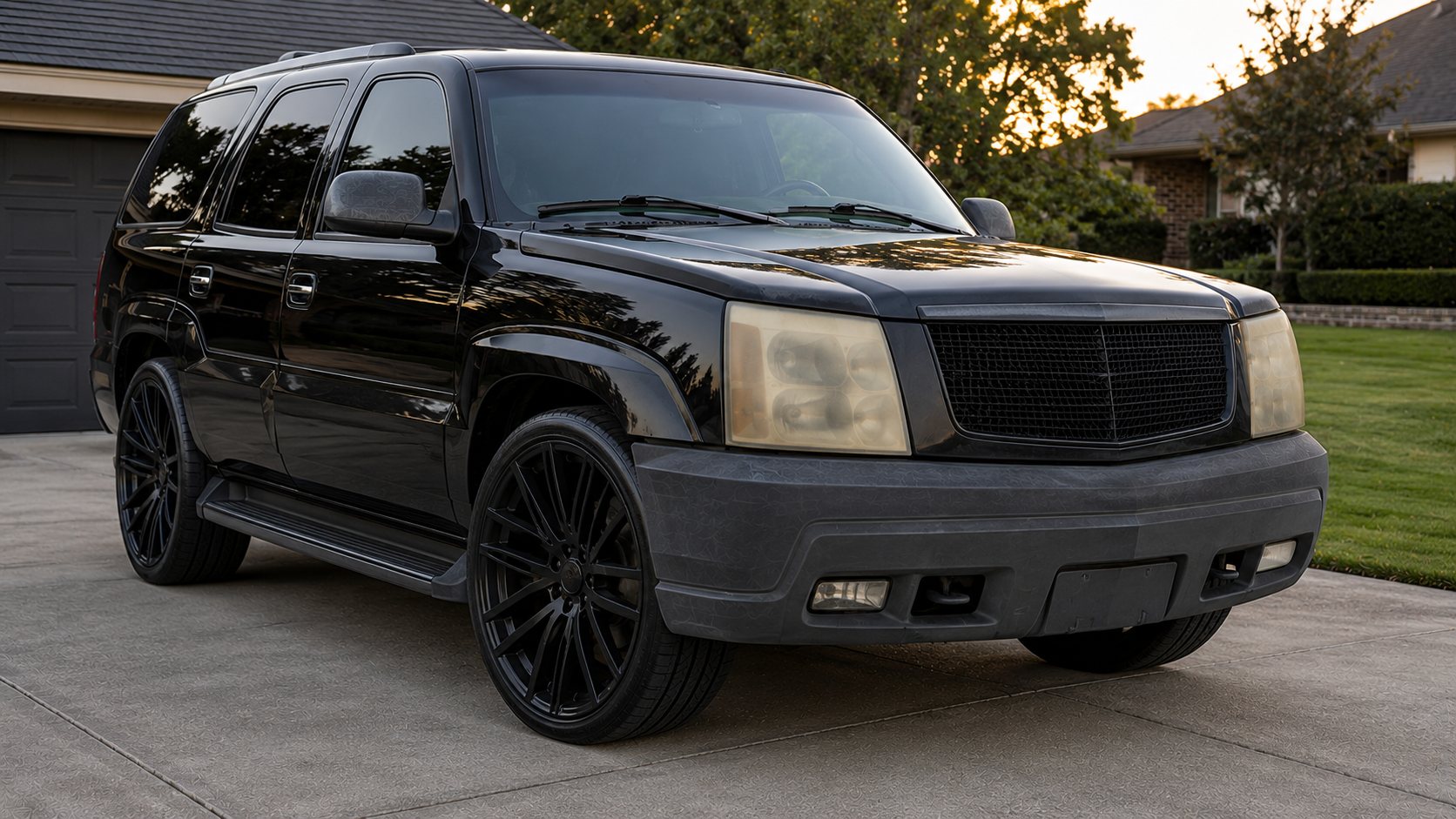 Blacked-out luxury SUV with yellowed headlights
