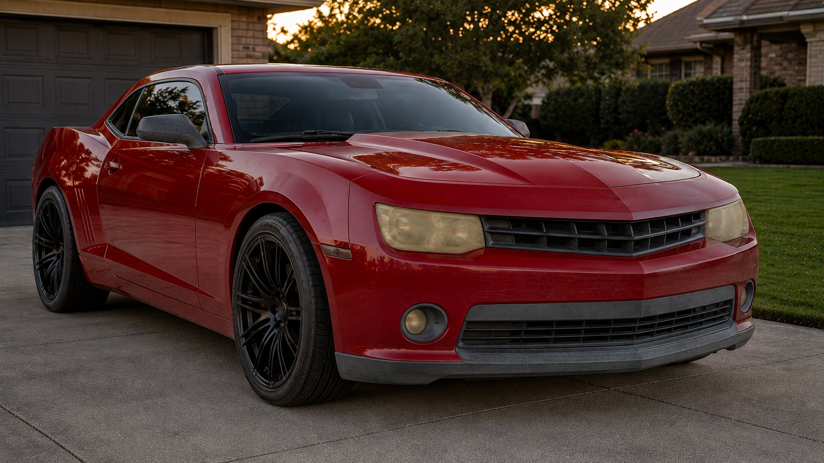 Red muscle coupe with yellowed headlights
