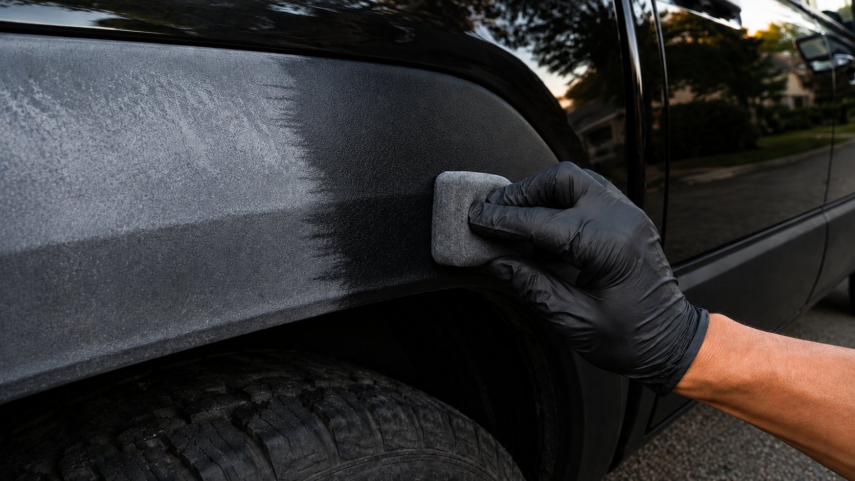 Faded trim being restored to deep black, one wipe at a time